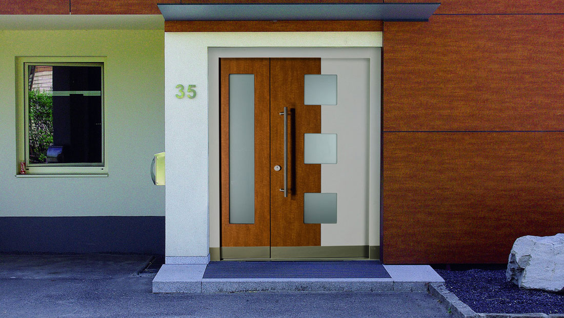 Ușă de exterior din lemn Kimbalit cu sticlă satinată, două canaturi - Kulttur București